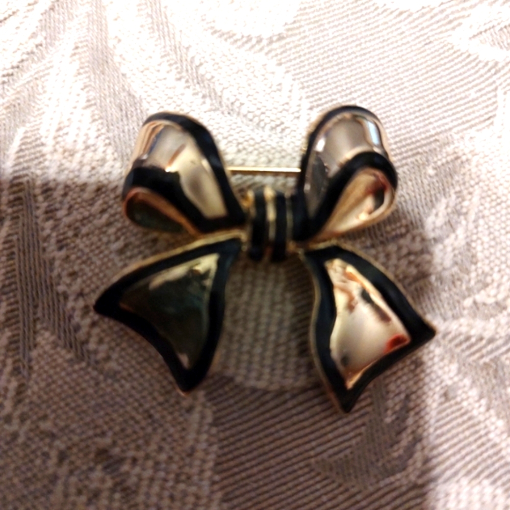 🔸🖤🔸Adorable Vintage 80's Black & Gold Ribbon Bow Brooch - Picture 3 of 13